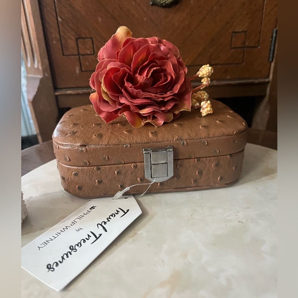 NWT Travel Treasures By Philip Whitney Mini Jewelry Box Brown Ostrich Embossed